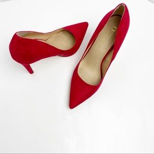 OLIVIA JAYMES Red Faux Leather Stiletto Pointy Toe Heels, Size 9